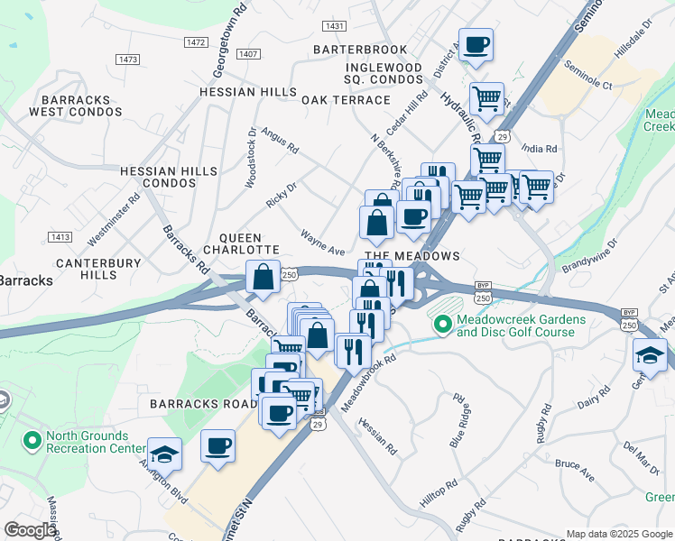 map of restaurants, bars, coffee shops, grocery stores, and more near Highway 29 in Charlottesville