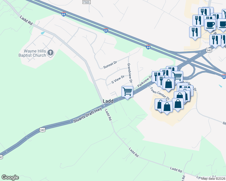 map of restaurants, bars, coffee shops, grocery stores, and more near 74 South View Drive in Waynesboro
