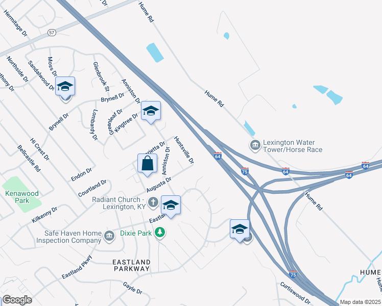 map of restaurants, bars, coffee shops, grocery stores, and more near 1454 Huntsville Drive in Lexington