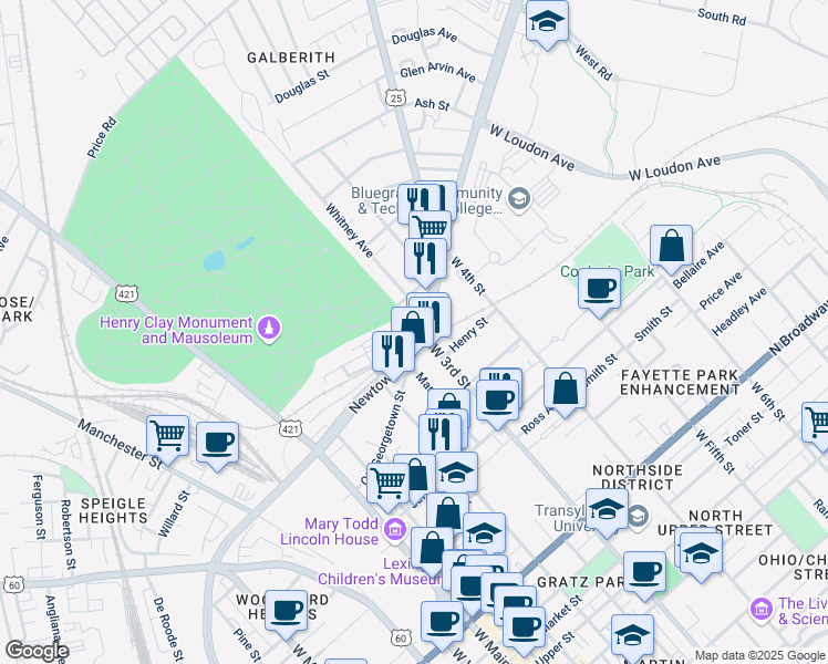 map of restaurants, bars, coffee shops, grocery stores, and more near 714 West 3rd Street in Lexington