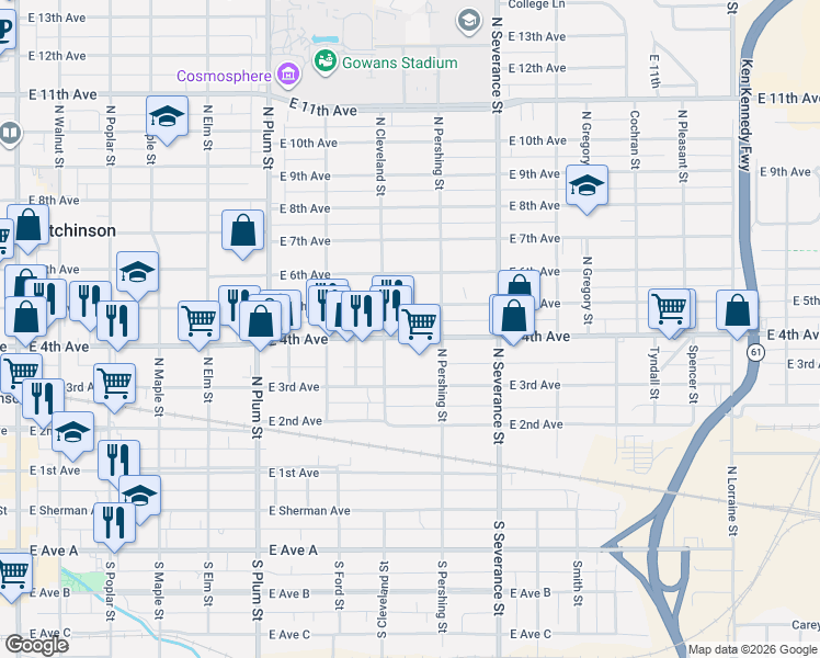 map of restaurants, bars, coffee shops, grocery stores, and more near 711 E 5th Ave in Hutchinson
