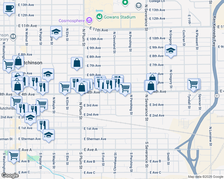 map of restaurants, bars, coffee shops, grocery stores, and more near 628 East 4th Avenue in Hutchinson