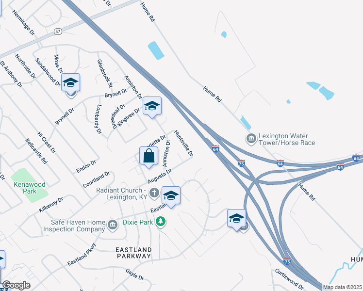 map of restaurants, bars, coffee shops, grocery stores, and more near 1454 Huntsville Drive in Lexington