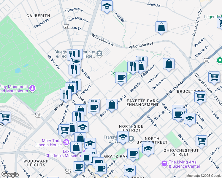 map of restaurants, bars, coffee shops, grocery stores, and more near 519 West 4th Street in Lexington