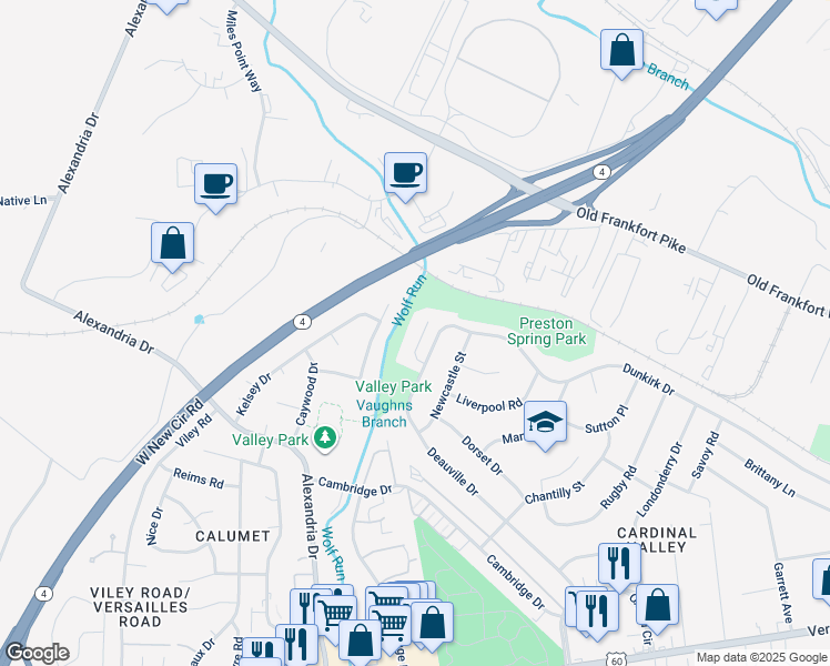 map of restaurants, bars, coffee shops, grocery stores, and more near 225 Creekside Court in Lexington