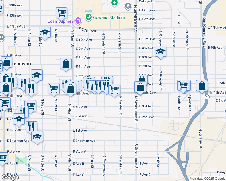 map of restaurants, bars, coffee shops, grocery stores, and more near 711 E 5th Ave in Hutchinson