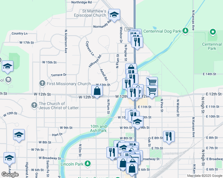 map of restaurants, bars, coffee shops, grocery stores, and more near 1301 Applewood Lane in Newton