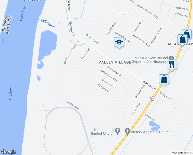 map of restaurants, bars, coffee shops, grocery stores, and more near 7306 Dunkirk Lane in Louisville