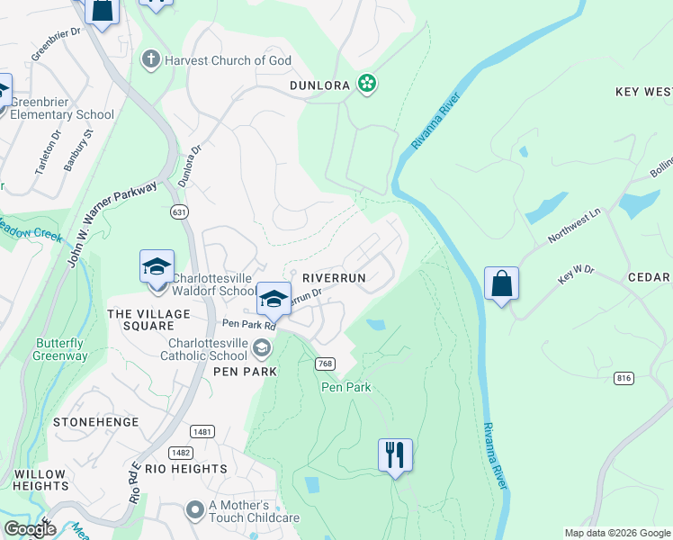 map of restaurants, bars, coffee shops, grocery stores, and more near 1297 Clifden Green in Charlottesville