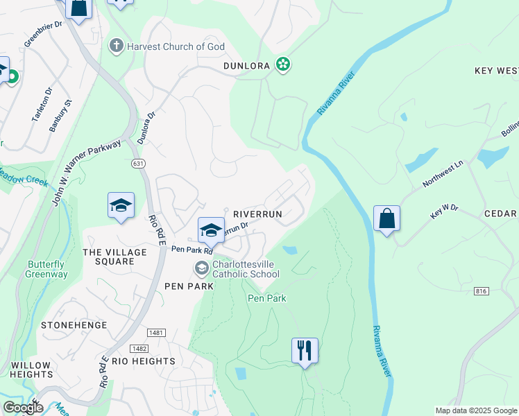 map of restaurants, bars, coffee shops, grocery stores, and more near 1297 Clifden Green in Charlottesville