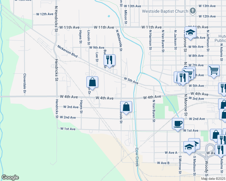 map of restaurants, bars, coffee shops, grocery stores, and more near 904 West 4th Avenue in Hutchinson