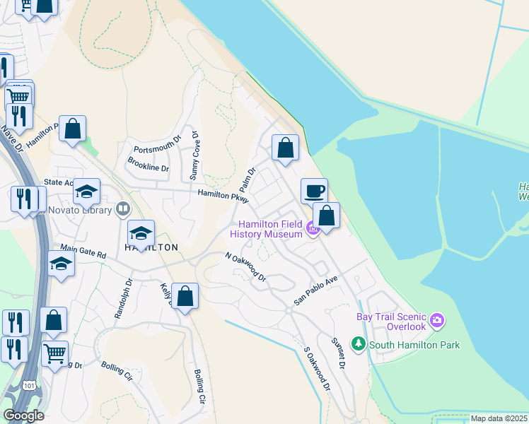 map of restaurants, bars, coffee shops, grocery stores, and more near 400 South Palm Drive in Novato