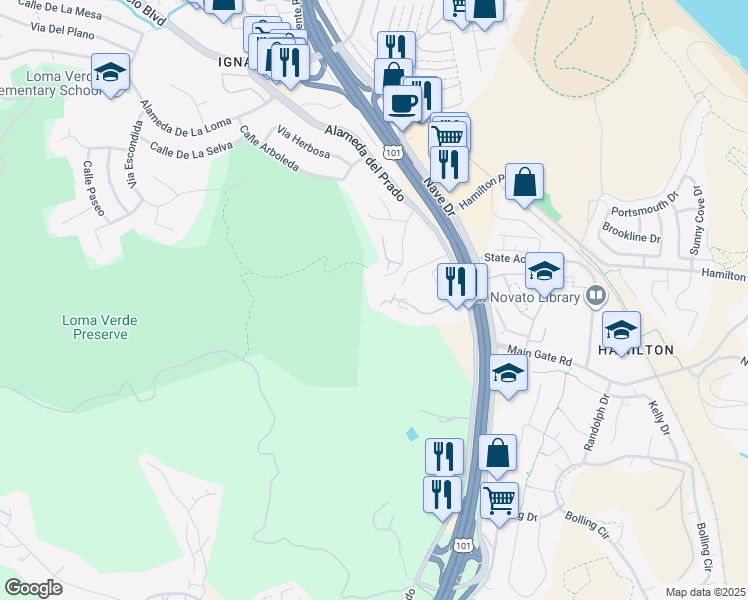 map of restaurants, bars, coffee shops, grocery stores, and more near 130 Cielo Lane in Novato