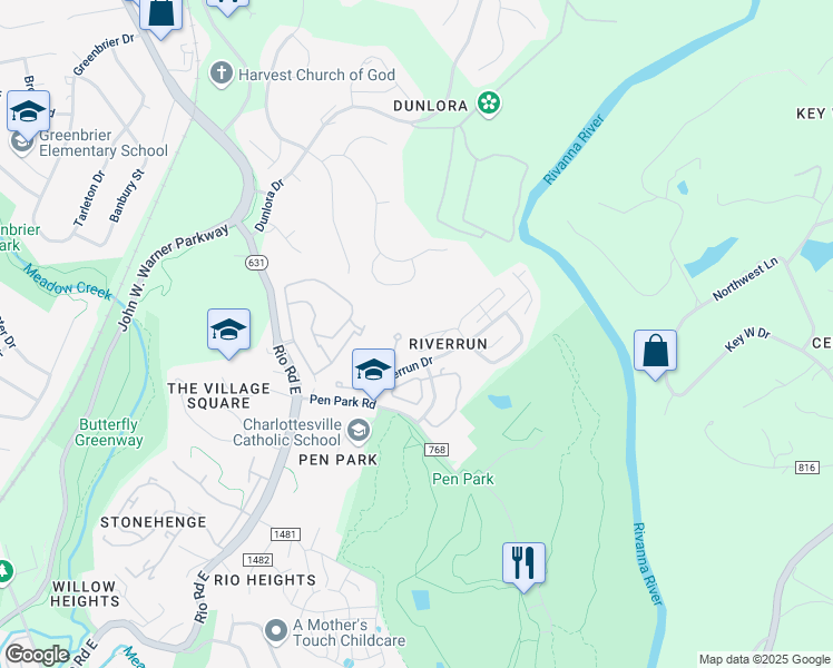 map of restaurants, bars, coffee shops, grocery stores, and more near 1210 Clifden Green in Charlottesville