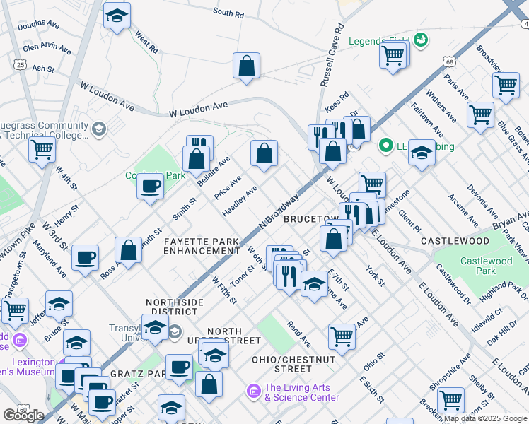 map of restaurants, bars, coffee shops, grocery stores, and more near 671 North Broadway in Lexington
