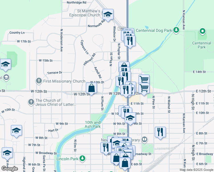 map of restaurants, bars, coffee shops, grocery stores, and more near 1301 Applewood Ln in Newton