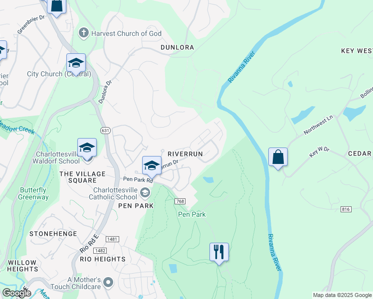 map of restaurants, bars, coffee shops, grocery stores, and more near 1297 Clifden Green in Charlottesville