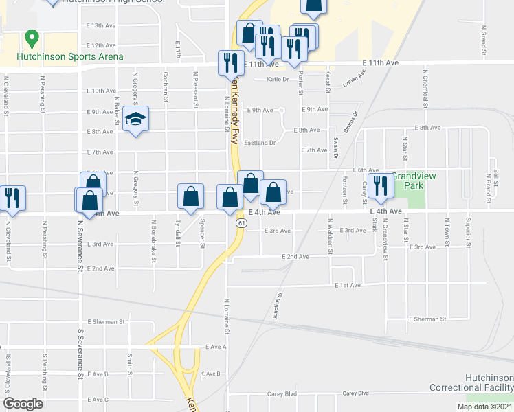 map of restaurants, bars, coffee shops, grocery stores, and more near 403 Hoagland Street in Hutchinson