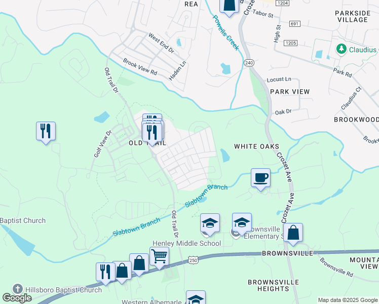 map of restaurants, bars, coffee shops, grocery stores, and more near 5693 Upland Drive in Crozet