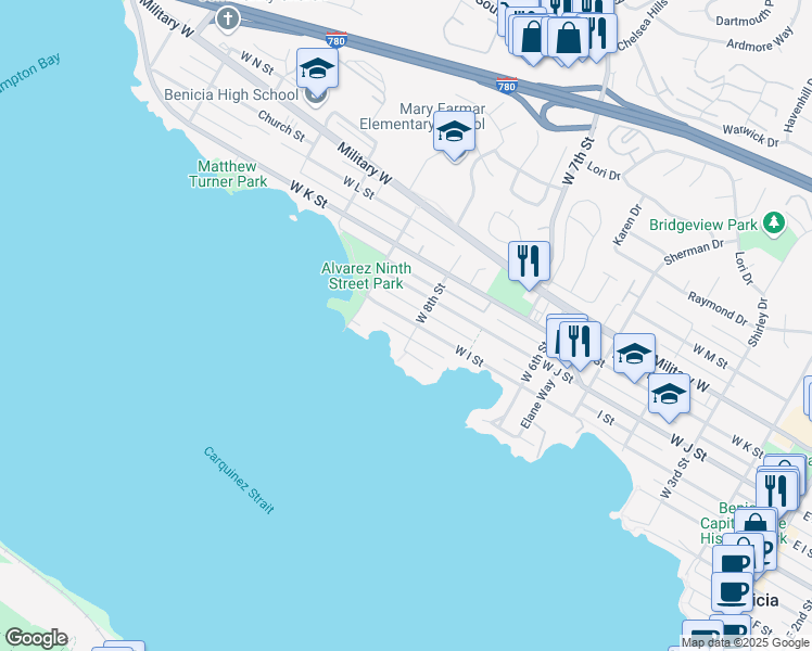 map of restaurants, bars, coffee shops, grocery stores, and more near in Benicia