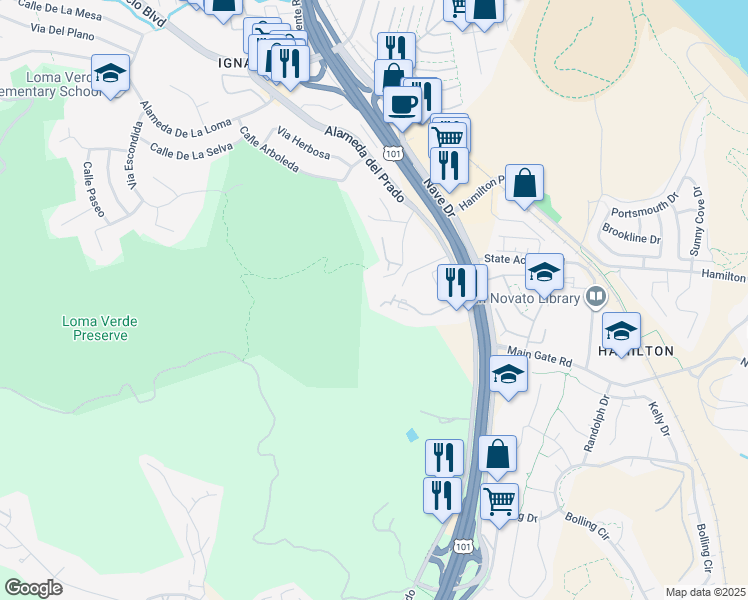 map of restaurants, bars, coffee shops, grocery stores, and more near 130 Cielo Lane in Novato