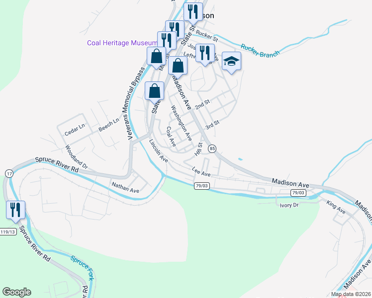 map of restaurants, bars, coffee shops, grocery stores, and more near 463 Kanawha Avenue in Madison