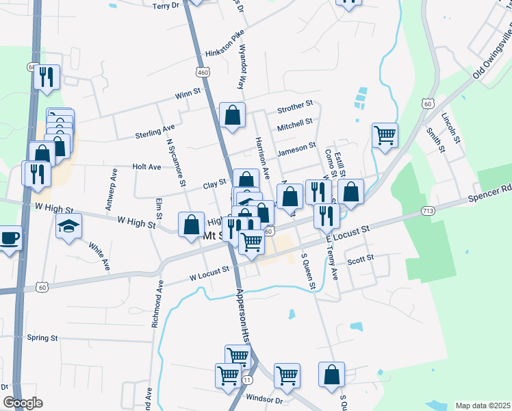 map of restaurants, bars, coffee shops, grocery stores, and more near 25 East High Street in Mount Sterling