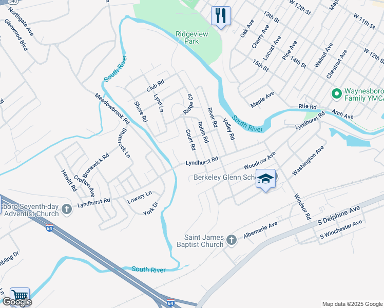 map of restaurants, bars, coffee shops, grocery stores, and more near 136 Court Road in Waynesboro