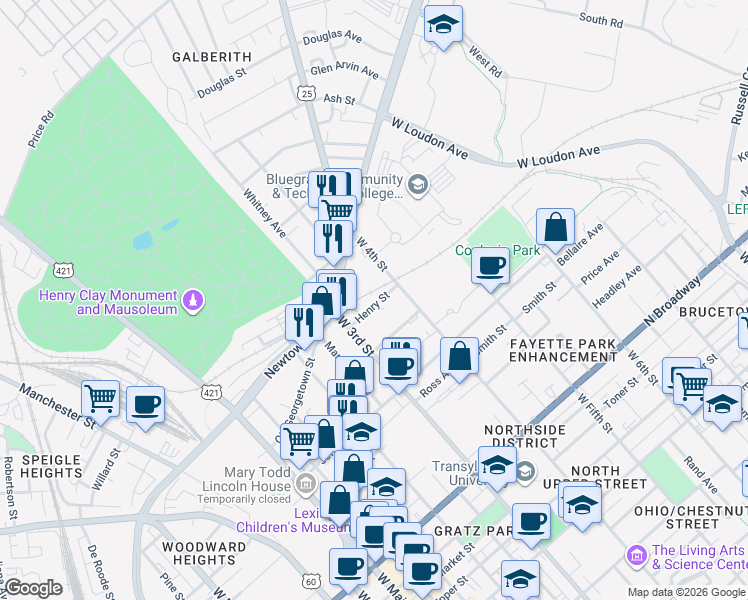 map of restaurants, bars, coffee shops, grocery stores, and more near 341 Henry Street in Lexington