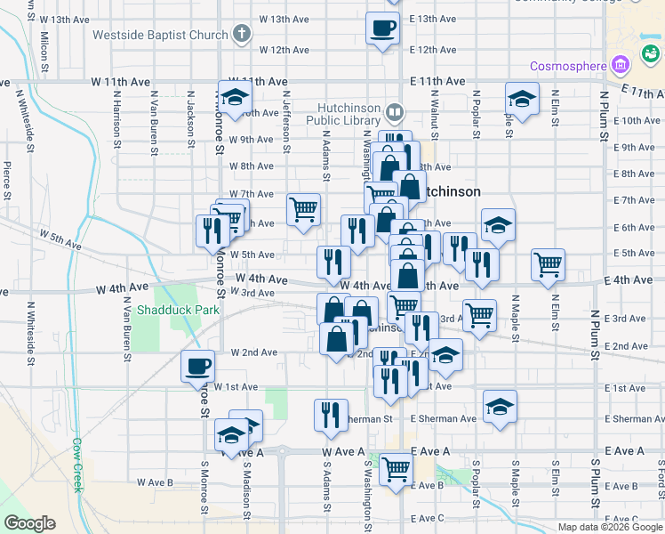 map of restaurants, bars, coffee shops, grocery stores, and more near 430 North Adams Street in Hutchinson