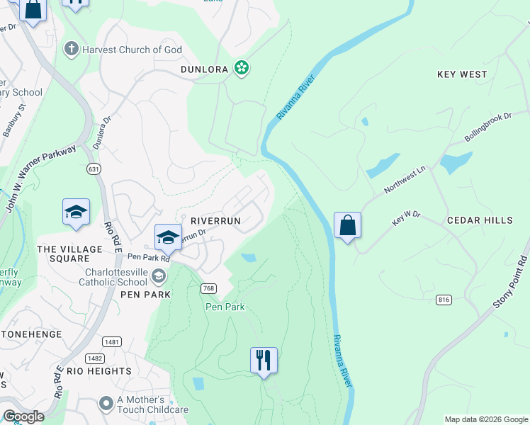 map of restaurants, bars, coffee shops, grocery stores, and more near 1371 Wimbledon Way in Charlottesville