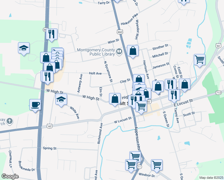 map of restaurants, bars, coffee shops, grocery stores, and more near 124 North Sycamore Street in Mount Sterling