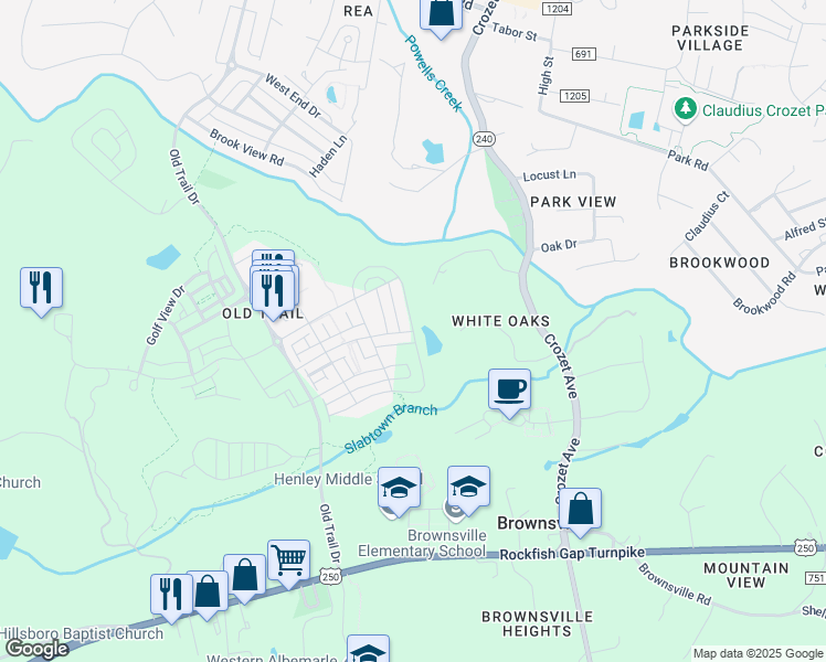 map of restaurants, bars, coffee shops, grocery stores, and more near Rowcross Street in Crozet