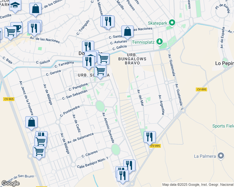 map of restaurants, bars, coffee shops, grocery stores, and more near 7 Calle Santiago de Compostela Número 1 in Ciudad Quesada