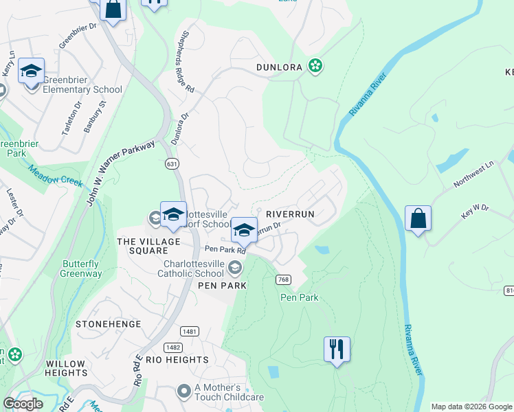 map of restaurants, bars, coffee shops, grocery stores, and more near 1270 Chatham Ridge in Charlottesville