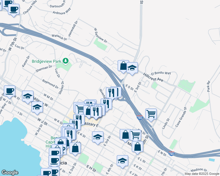 map of restaurants, bars, coffee shops, grocery stores, and more near 1642 Bayview Circle in Benicia
