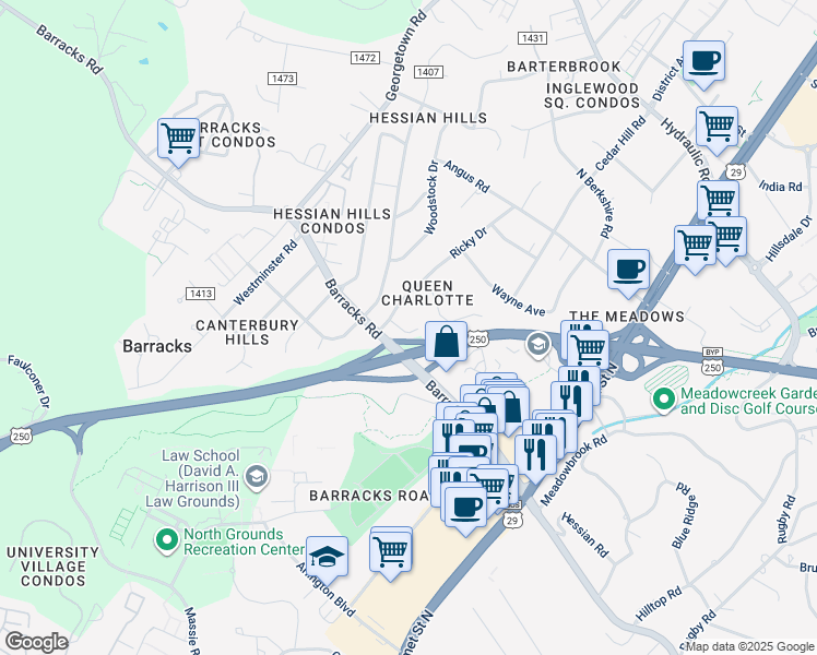 map of restaurants, bars, coffee shops, grocery stores, and more near 105 Frederick Circle in Charlottesville
