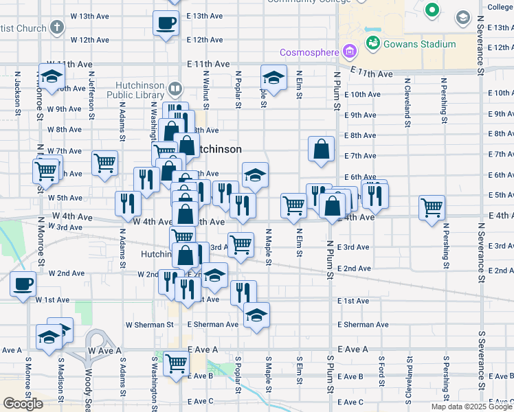 map of restaurants, bars, coffee shops, grocery stores, and more near 211 East 5th Avenue in Hutchinson