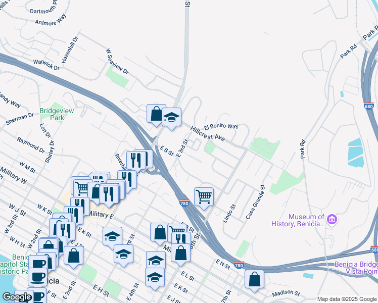 map of restaurants, bars, coffee shops, grocery stores, and more near 323 Golden Slopes Court in Benicia