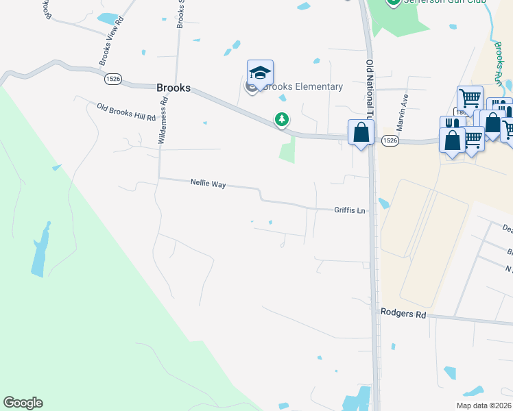 map of restaurants, bars, coffee shops, grocery stores, and more near 463 Griffis Lane in Brooks