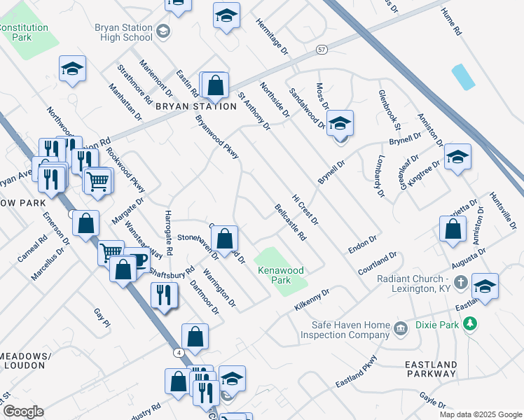 map of restaurants, bars, coffee shops, grocery stores, and more near 1773 Bellechasse Drive in Lexington