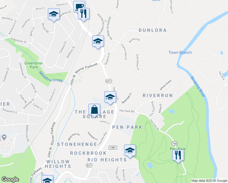 map of restaurants, bars, coffee shops, grocery stores, and more near 1611 Sawgrass Court in Charlottesville