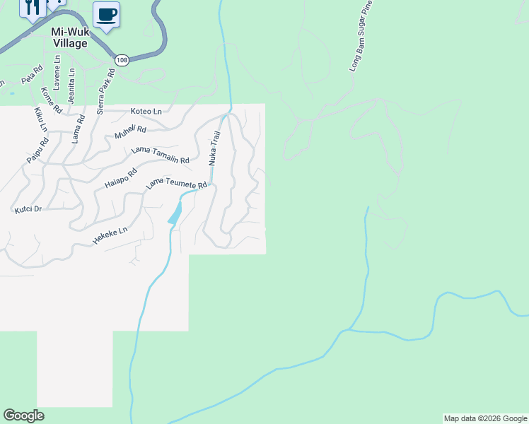 map of restaurants, bars, coffee shops, grocery stores, and more near 21102 Aselu Court in Mi-Wuk Village