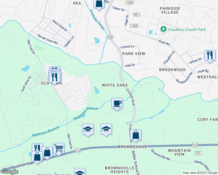 map of restaurants, bars, coffee shops, grocery stores, and more near 840 Caitlin Drive in Crozet