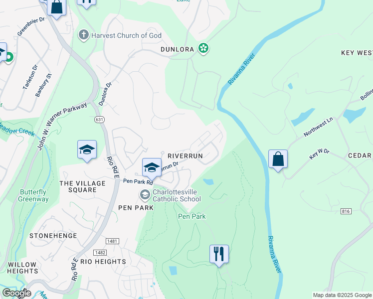 map of restaurants, bars, coffee shops, grocery stores, and more near 1270 Clifden Greene in Charlottesville