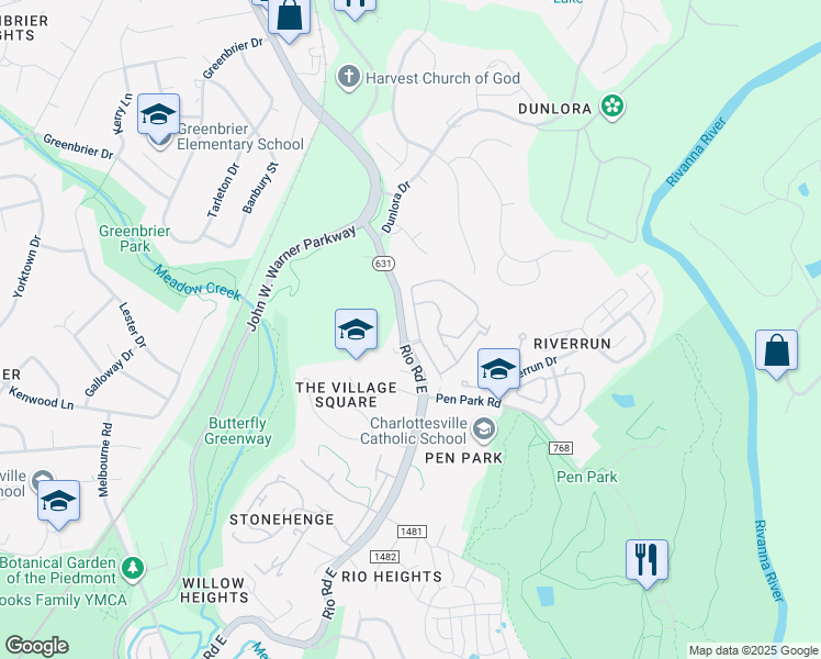map of restaurants, bars, coffee shops, grocery stores, and more near 1611 Sawgrass Court in Charlottesville