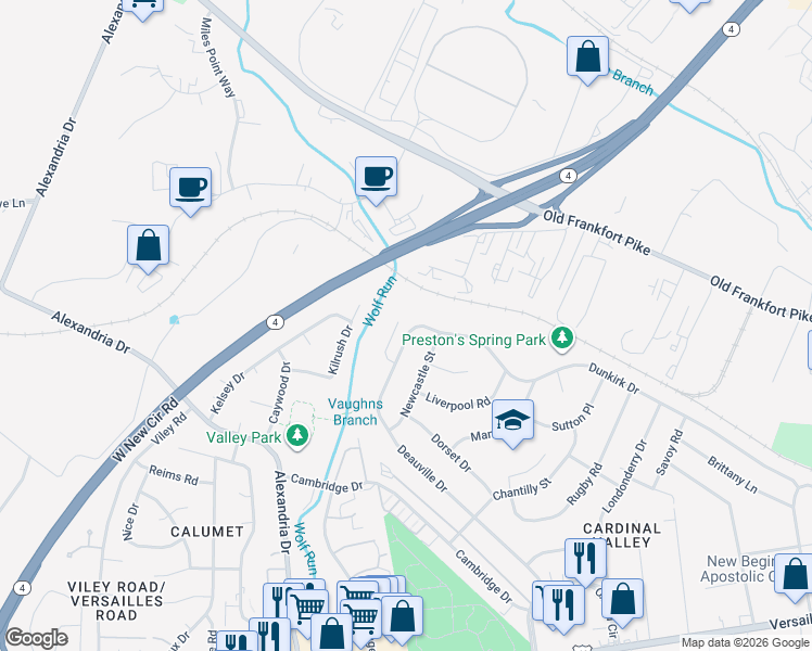 map of restaurants, bars, coffee shops, grocery stores, and more near 2168 Deauville Drive in Lexington