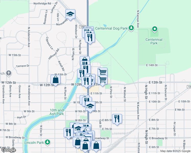 map of restaurants, bars, coffee shops, grocery stores, and more near 123 East 13th Street in Newton
