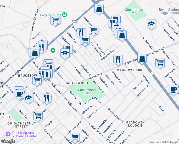 map of restaurants, bars, coffee shops, grocery stores, and more near 235 Devonia Avenue in Lexington