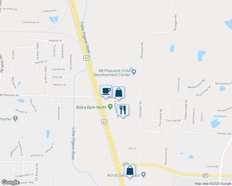 map of restaurants, bars, coffee shops, grocery stores, and more near 1020 East Mount Pleasant Road in Evansville